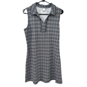 Black White Geometric Sleeveless Collared‎ Golf Tennis Pickleball Resort Dress M
